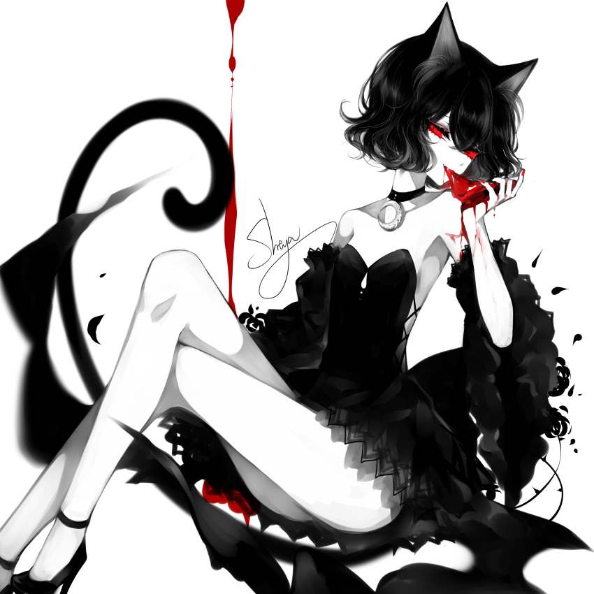 1girl absurdres animal_ears artist_name ass bare_arms bare_legs bare_shoulders black_choker black_dress black_footwear black_hair blood breasts cat_ears cat_tail choker crescent crescent_choker detached_sleeves dress eating eyelashes feet_out_of_frame food hand_up high_heels highres holding holding_food invisible_chair knees_up legs_crossed limited_palette long_sleeves looking_at_viewer meat nail_polish original red_eyes red_nails sheya signature simple_background sitting small_breasts solo spot_color strapless strapless_dress tail thighs white_background wide_sleeves