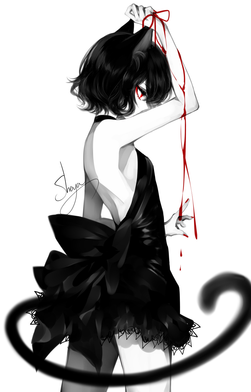 1girl absurdres animal_ears arm_up artist_name backless_outfit bare_arms bare_back bare_shoulders black_choker black_dress black_hair blood breasts cat_ears cat_tail choker cowboy_shot dress eyelashes eyeshadow from_side highres limited_palette makeup nail_polish original profile red_eyes red_nails sheya signature simple_background small_breasts solo spot_color standing strapless strapless_dress tail thighs white_background