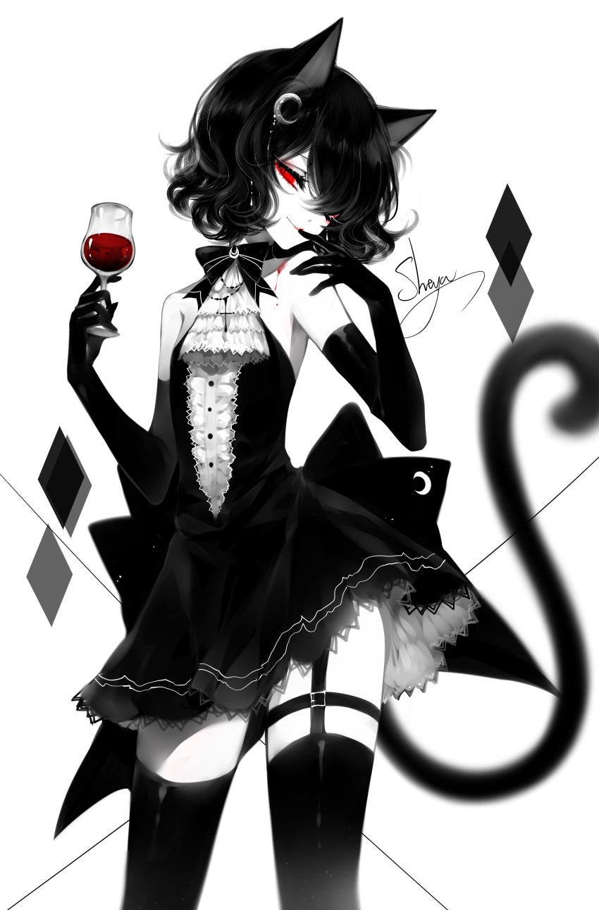 1girl ;) absurdres alcohol black_dress black_gloves black_hair black_legwear bow bowtie cat_tail cowboy_shot crescent crescent_hair_ornament cup dress drinking_glass elbow_gloves eyelashes finger_to_mouth garter_straps gloves hair_ornament hair_over_one_eye hands_up head_tilt highres holding holding_cup limited_palette looking_at_viewer one_eye_closed original red_eyes sheya short_dress simple_background smile solo spot_color standing tail thighhighs thighs white_background wine wine_glass zettai_ryouiki
