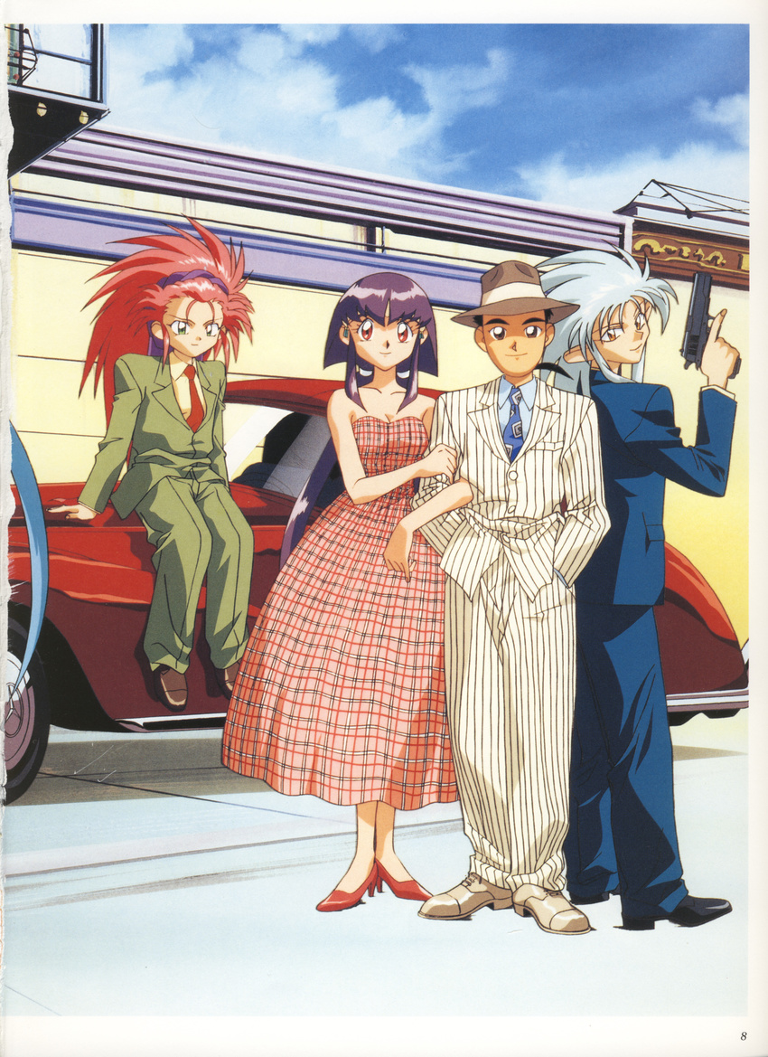 3girls 90s absurdres artist_request black_hair blue_hair brown_eyes car dress formal green_eyes ground_vehicle gun hair_slicked_back hairband hakubi_washuu handgun hands_in_pockets hat highres holding holding_gun holding_weapon left-hand_drive looking_at_viewer masaki_aeka_jurai masaki_tenchi motor_vehicle multiple_girls necktie on_vehicle pinstripe_pattern pistol plaid plaid_dress purple_hair red_eyes red_footwear red_hair ryouko_(tenchi_muyou!) scan scan_artifacts shoes sitting smile spiked_hair standing striped suit tenchi_muyou! tenchi_muyou!_uchuu_hen trigger_discipline vertical_stripes weapon white_suit yellow_eyes