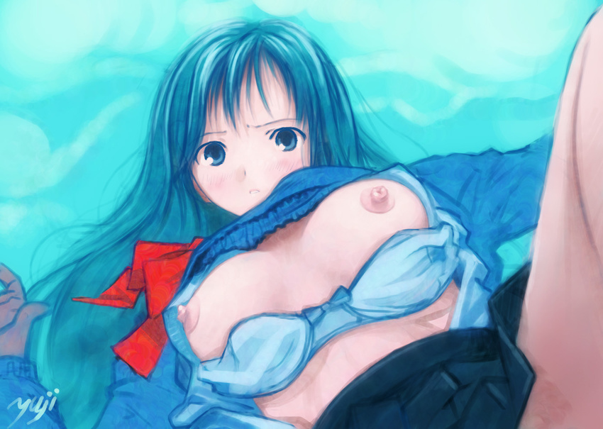 blue_hair bra bra_lift bra_pull breasts copyright_request kobayashi_yuuji large_breasts lingerie lying nipples open_clothes open_shirt shirt solo underwear