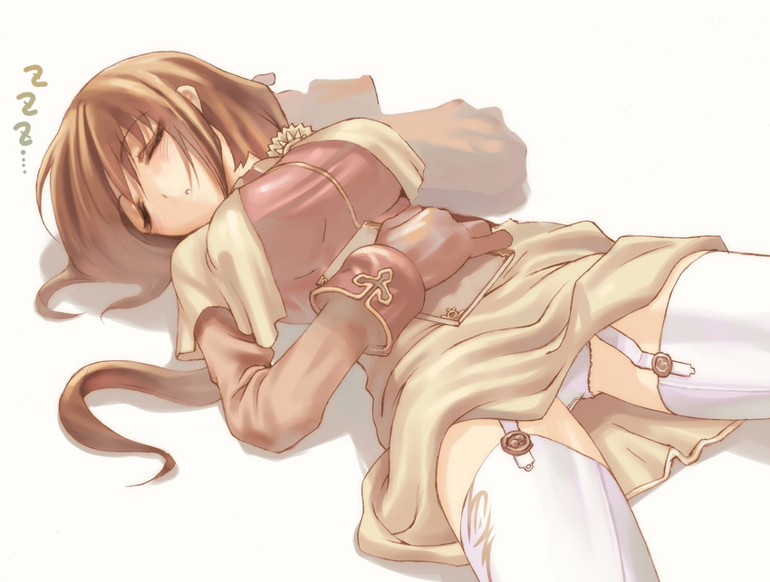 acolyte book brown_hair closed_eyes garter_belt highres lingerie morii_shizuki panties ragnarok_online sleeping solo thighhighs thighs underwear