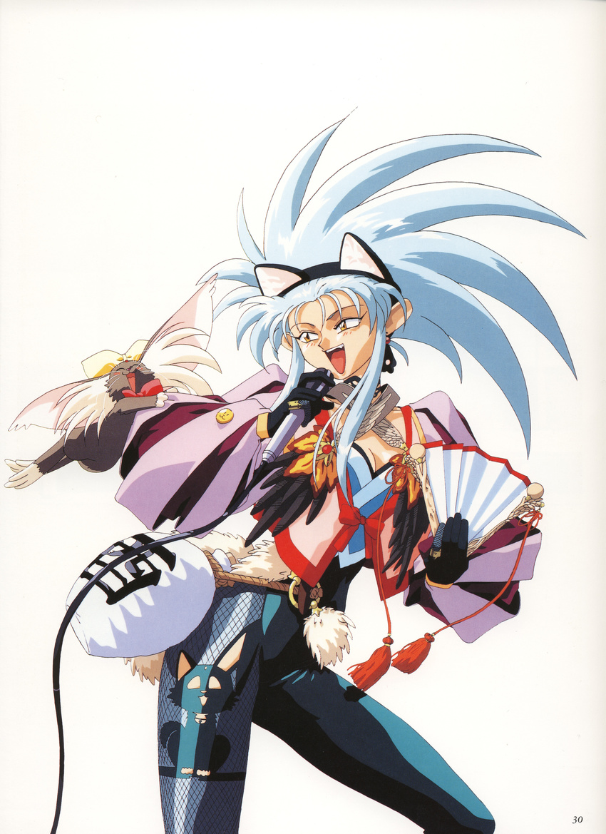 90s absurdres artist_request blue_hair cabbit green_hair highres microphone ryou-ouki ryouko_(tenchi_muyou!) spiked_hair tenchi_muyou! yellow_eyes