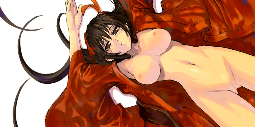 absurdres black_hair breasts coat copyright_request highres japanese_clothes kimono large_breasts long_hair lying morii_shizuki naked_kimono open_clothes open_robe red_coat ribbon robe solo thighs