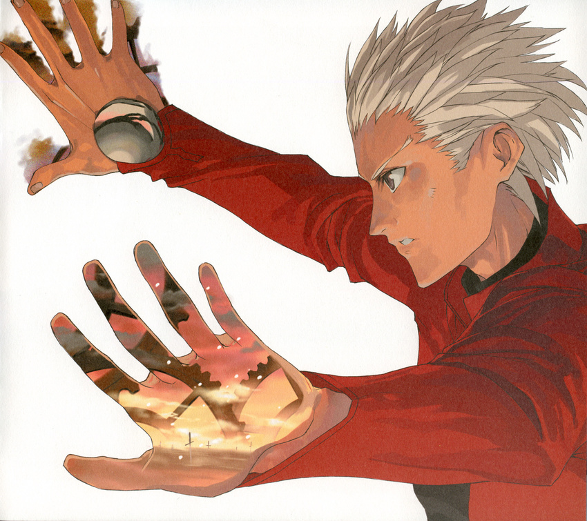 archer brown_eyes dark_skin dark_skinned_male double_exposure fate/stay_night fate_(series) fingernails from_side gears hair_slicked_back hands highres long_sleeves male_focus morii_shizuki outstretched_arms palms profile scan scan_artifacts simple_background solo spiked_hair unlimited_blade_works upper_body white_background white_hair