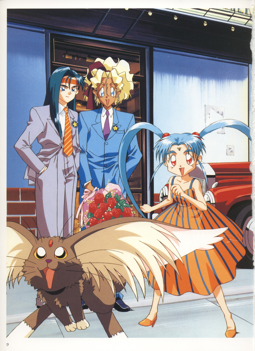 90s absurdres artist_request blonde_hair blue_eyes blue_hair cabbit dress facial_mark flower forehead_mark freckles green_hair highres kuramitsu_mihoshi makibi_kiyone masaki_sasami_jurai multiple_girls orange_dress pink_eyes pinstripe_pattern red_flower red_rose rose ryou-ouki striped tenchi_muyou! tenchi_muyou!_uchuu_hen twintails