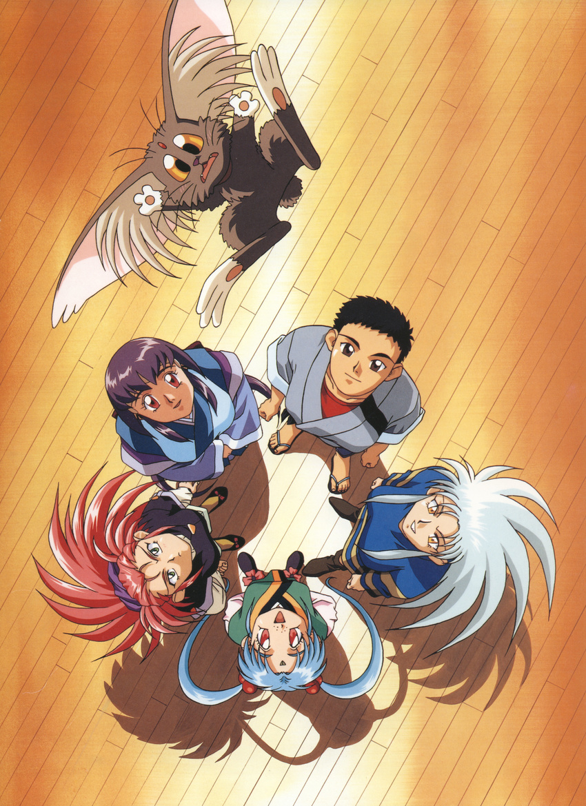 4girls 90s absurdres artist_request black_hair blue_hair brown_eyes cabbit circle_formation freckles green_eyes hakubi_washuu highres masaki_aeka_jurai masaki_sasami_jurai masaki_tenchi multiple_girls pink_eyes purple_hair red_eyes red_hair ryou-ouki ryouko_(tenchi_muyou!) spiked_hair tenchi_muyou! twintails yellow_eyes