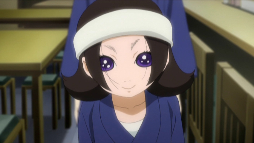 blue_eyes brown_hair chair collarbone headband indoors jigoku_shoujo kikuri looking_at_viewer nun purple_eyes robe screencap short_hair smile solo table upper_body veil