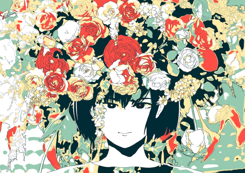 1girl black_eyes black_hair flower hironoshousei leaf limited_palette looking_at_viewer no_nose original plant portrait red_flower short_hair solo too_many white_flower yellow_flower