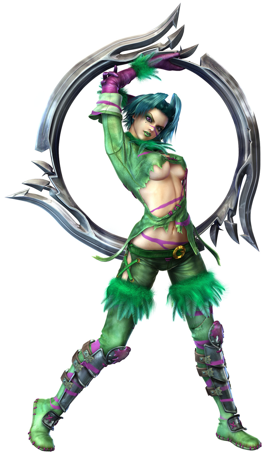 3d absurdres arms_up bangs belt blue_hair bodypaint boots breasts breasts_apart chakram cross-laced_clothes elbow_gloves eyelashes eyeshadow facepaint facial_mark feathers full_body fur_trim gloves green_footwear green_lipstick head_tilt highres holding holding_arm holding_weapon huge_weapon kawano_takuji large_breasts leather leather_pants legs_apart lipstick looking_at_viewer makeup midriff mole mole_under_eye navel no_bra pants parted_lips purple_eyes purple_gloves revealing_clothes shin_guards short_hair simple_background sleeves_folded_up solo soulcalibur soulcalibur_iii standing thigh_boots thighhighs tira_(soulcalibur) torn_clothes underboob weapon white_background