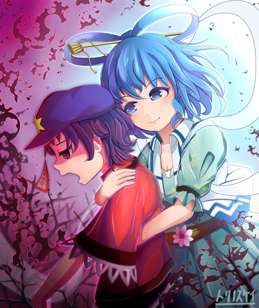 2girls artist_name behind_another belt blood blood_splatter blue_dress blue_eyes blue_hair blue_hat commentary_request dress empty_eyes facing_to_the_side flat_cap gradient gradient_background hair_ornament hair_rings hair_stick hat head_tilt highres hug hug_from_behind kaku_seiga looking_at_another miyako_yoshika multiple_girls ofuda open_mouth outstretched_arms profile puffy_short_sleeves puffy_sleeves purple_eyes purple_hair red_shirt shirt short_hair short_sleeves smile star thorns torinosuke touhou two-tone_background upper_body vest zombie_pose