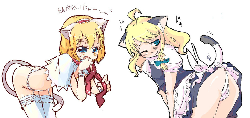 alice_margatroid alternate_costume animal_ears blonde_hair cat_ears enmaided garter_belt kemonomimi_mode kirisame_marisa lingerie maid multiple_girls panties raina sketch tail thighhighs touhou underwear