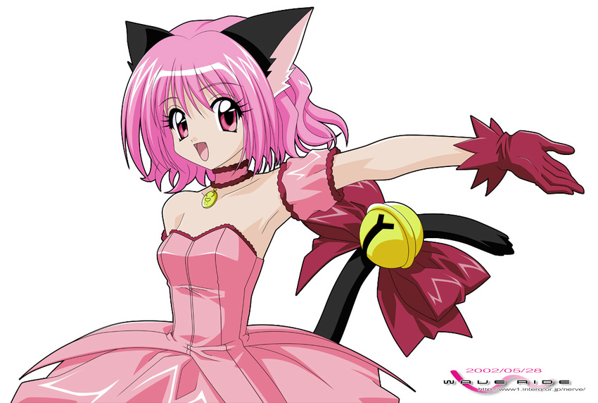 animal_ears bell bow cat_ears cat_tail choker detached_sleeves fang gloves jingle_bell leotard magical_girl mew_ichigo momomiya_ichigo open_mouth pink_choker pink_eyes pink_hair puffy_detached_sleeves puffy_sleeves red_gloves short_hair solo sugimura_tomokazu tail tail_bell tail_bow tokyo_mew_mew