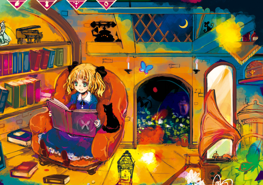 alice_(odin_sphere) book cat hafuri odin_sphere reading sitting socrates_(odin_sphere)