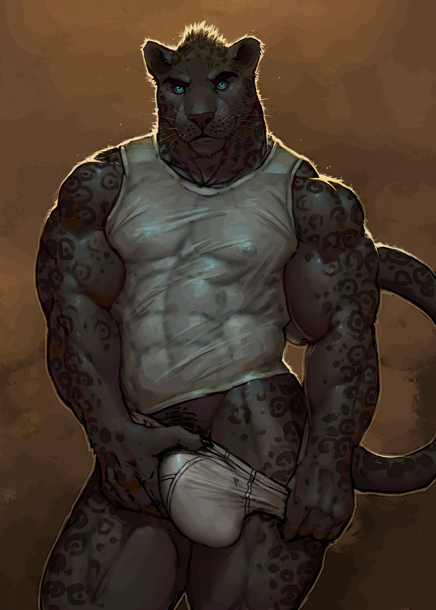 abs anthro biceps big_bulge black_fur blue_eyes briefs bulge bulge_grab claws clothed clothing feline fur gage_the_panther hi_res invalid_tag looking_at_viewer male mammal muscular muscular_male nipple_bulge nipples obliques pantherine pecs pockyrumz presenting shirt simple_background smile solo spots standing tank_top triceps underwear whiskers