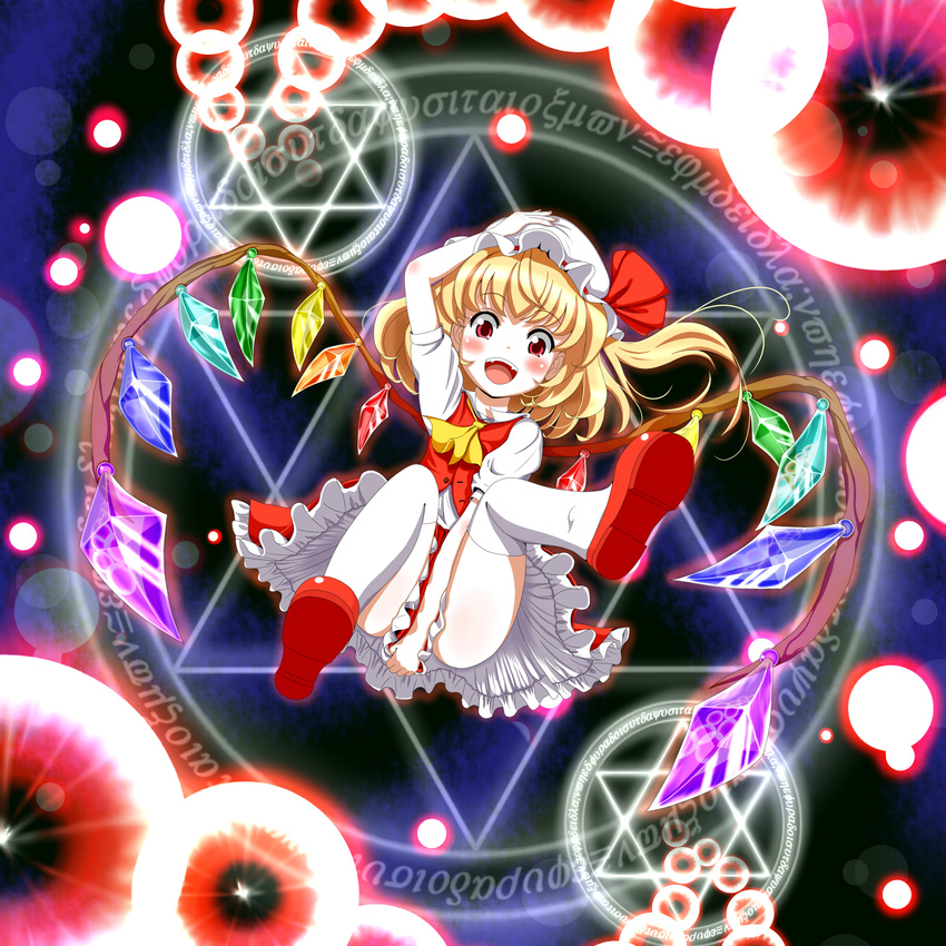 bad_id bad_pixiv_id blonde_hair blush covering covering_crotch danmaku dress dress_tug fangs flandre_scarlet flying hand_on_headwear hat hexagram highres magic_circle mary_janes mount_whip open_mouth red_eyes shoes short_hair smile solo thighhighs touhou white_legwear wings