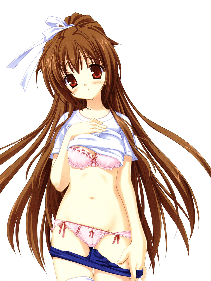 blush bow bow_bra bow_panties bra bra-ban! brown_hair buruma buruma_pull gym_uniform hair_ribbon head_tilt highres kobuichi lingerie long_hair looking_at_viewer nakanoshima_tae navel panties panty_pull pink_bra pink_panties ponytail pulled_by_self red_eyes ribbon ribbon-trimmed_underwear ribbon_trim scan shirt_lift simple_background solo standing tareme thighhighs underwear