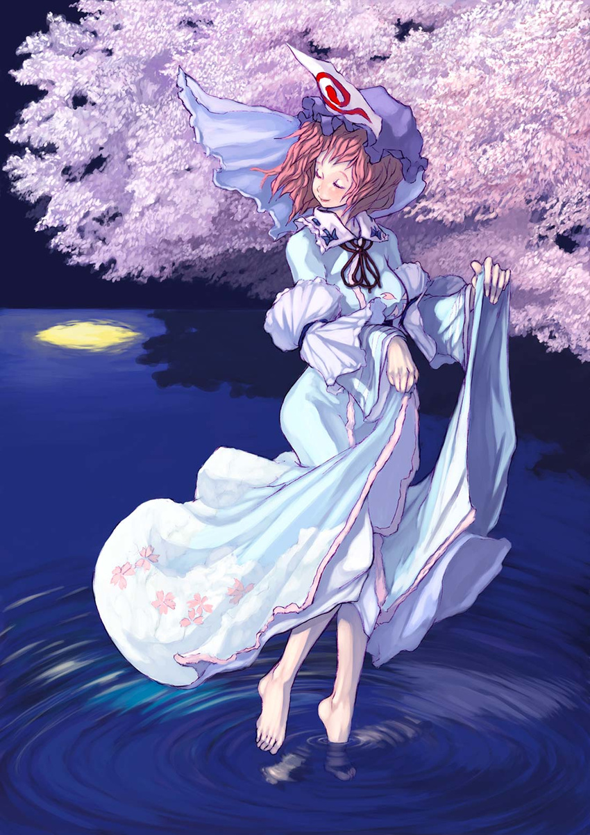 barefoot binayu blue_dress cherry_blossoms closed_eyes clothes_grab colored_eyelashes dress floating_hair full_body hat highres moon moon_reflection moonlight night pink_hair plantar_flexion reflection ripples saigyouji_yuyuko short_hair solo standing standing_on_liquid standing_on_one_leg tiptoes touhou tree triangular_headpiece veil water wind