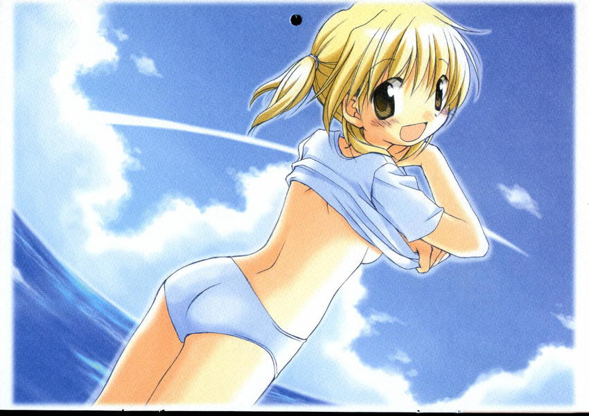 aoki_ume ass bikini bikini_bottom blonde_hair blush breasts brown_eyes cleavage cloud day hidamari_sketch highres large_breasts looking_at_viewer looking_back miyako no_bra no_pants official_art open_mouth ponytail shirt shirt_lift short_hair sideboob smile solo swimsuit t-shirt undressing yellow_eyes