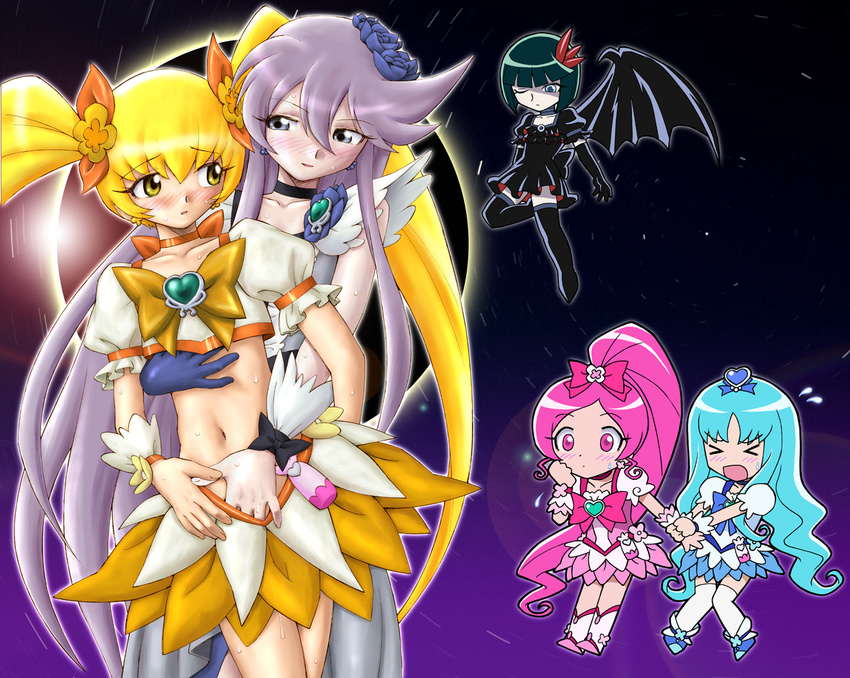 black_choker black_dress blonde_hair blue_choker blue_eyes blue_hair blue_skirt blush boots bow choker cure_blossom cure_marine cure_moonlight cure_sunshine dark_precure dress eyelashes flower flying green_hair hair_flower hair_ornament hanasaki_tsubomi heart heartcatch_precure! knee_boots kurumi_erika long_hair magical_girl midriff multiple_girls myoudouin_itsuki navel one_eye_closed orange_bow orange_choker orange_skirt pink_bow pink_eyes pink_hair pink_skirt ponytail precure purple_background purple_flower purple_hair purple_rose rose single_wing skirt thighhighs tsukikage_yuri twintails unno_hotaru wings yellow_bow yellow_eyes yuri