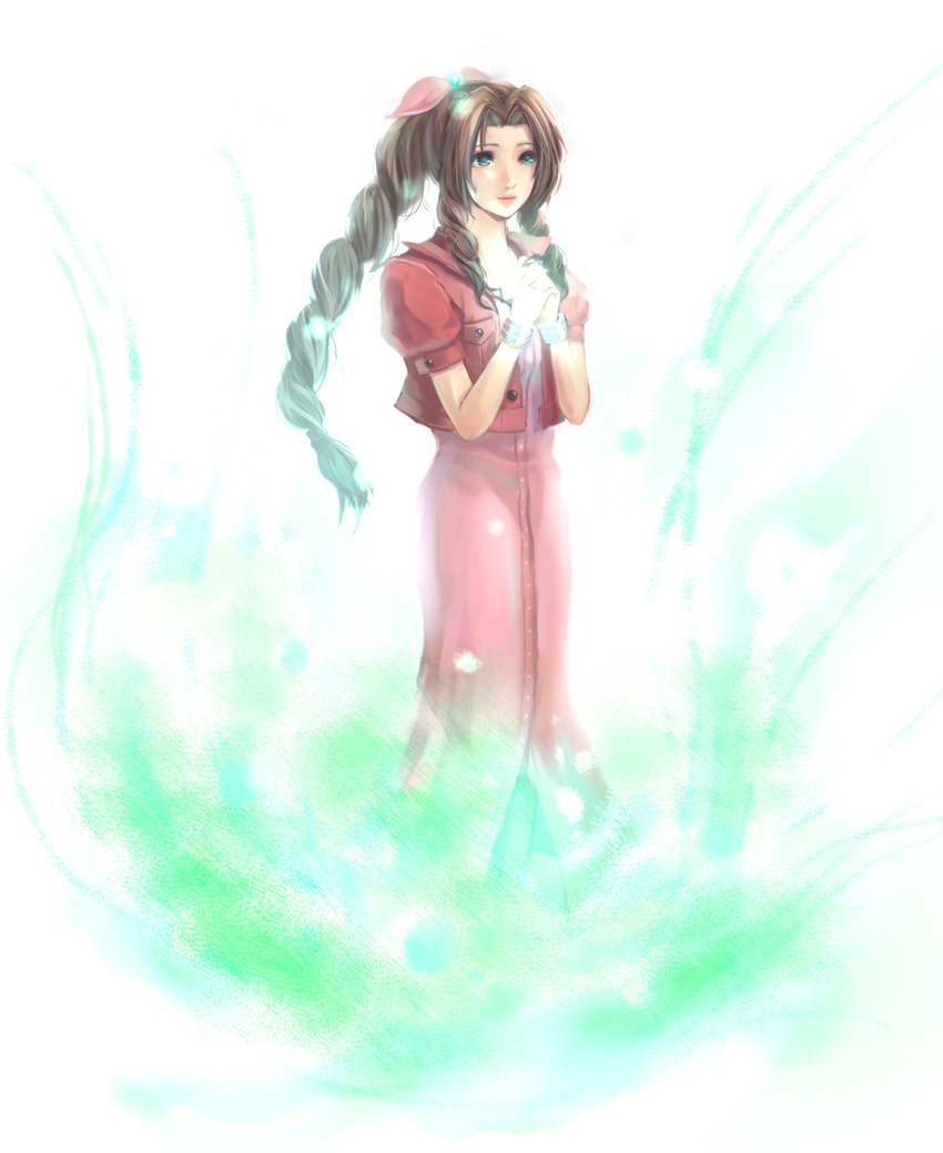 aerith_gainsborough bow bracelet braid brown_hair cropped_jacket dress drill_hair final_fantasy final_fantasy_vii green_eyes habbitrot hair_bow hair_ribbon highres jewelry long_dress long_hair pink_bow pink_dress ponytail ribbon single_braid solo very_long_hair