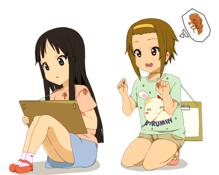 :d :o akiyama_mio anyamal_tantei_kirumin_zoo bad_id bad_pixiv_id black_eyes black_hair brown_eyes brown_hair bug clipboard hairband insect k-on! kneeling long_hair mary_janes multiple_girls open_mouth ore_deshita shoes short_hair shorts simple_background sitting smile socks tainaka_ritsu white_legwear