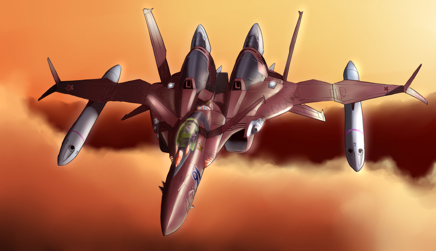 airplane anti-u.n. canards dusk flying inui_(jt1116) jet macross macross_zero mecha no_humans nora_polyansky soviet sv-51 variable_fighter