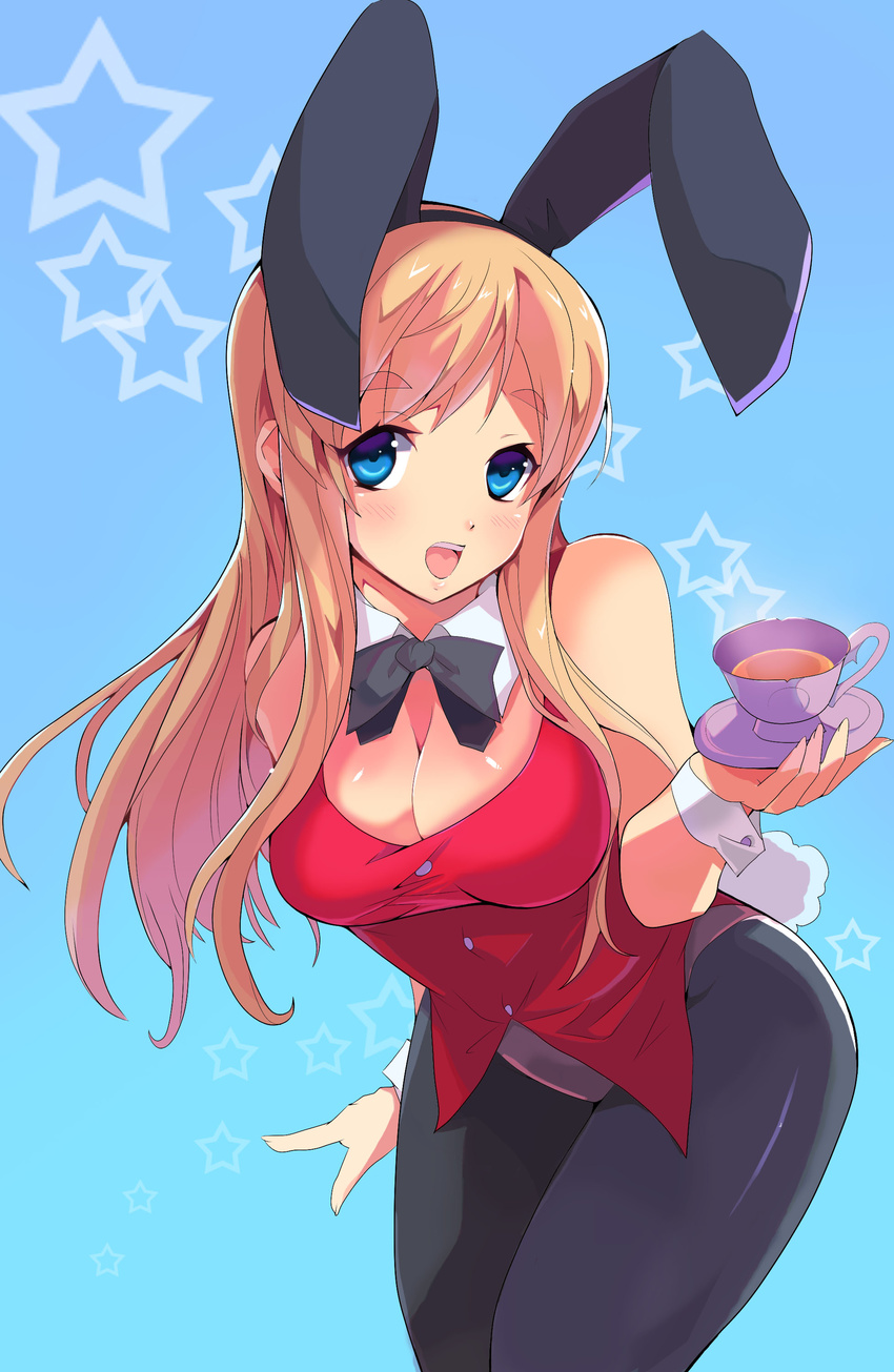 absurdres animal_ears blonde_hair blue_eyes breasts bunny_ears bunnysuit cleavage cup highres k-on! kotobuki_tsumugi long_hair medium_breasts pantyhose sakusaku_(sakusakucrab) solo teacup vest