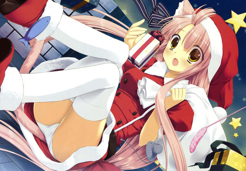 absurdres animal_ears bag cat_ears christmas gift hat highres long_hair miyasu_risa nanakase_gizmo nekonade_distortion panties pink_hair santa_costume santa_hat solo tail thighhighs underwear white_panties yellow_eyes