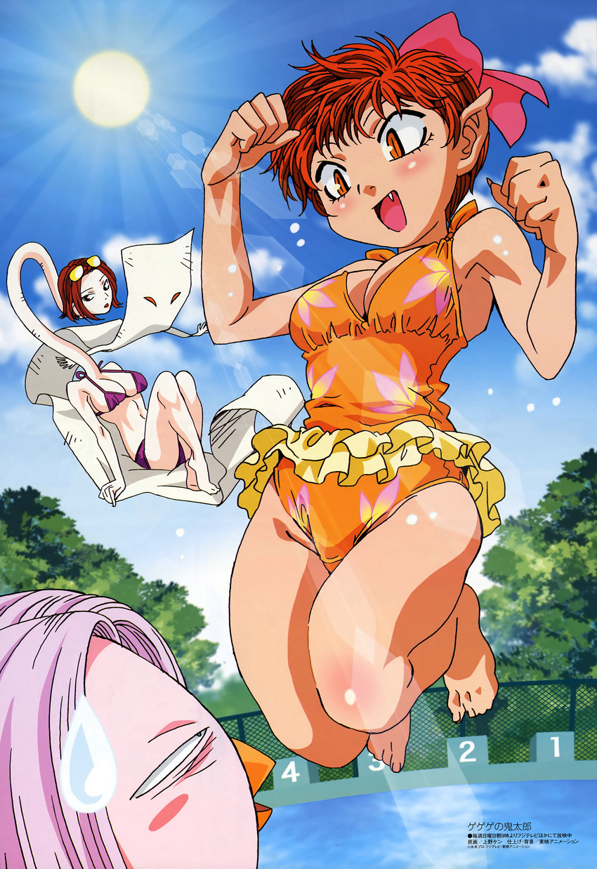 :d absurdres amabie arm_support armpits bangs barefoot beak bikini blush blush_stickers body_blush bow breasts casual_one-piece_swimsuit chain-link_fence cleavage clenched_hands cloud day eye_contact eyewear_on_head fang feet fence fingernails flying frilled_swimsuit frills gegege_no_kitarou hair_bow highres ittan-momen jumping large_breasts legs lens_flare lipstick long_fingernails long_neck looking_at_another makeup megami monster_girl multiple_girls navel nekomusume nekomusume_(gegege_no_kitarou_5) non-web_source official_art one-piece_swimsuit open_mouth orange_eyes orange_swimsuit outdoors pink_bow pink_hair pointy_ears pool reclining red_hair rokuro-kubi scan short_hair sideboob sky slit_pupils smile starting_block string_bikini sun sunglasses sweatdrop swimsuit tiptoes tree ueno_ken water