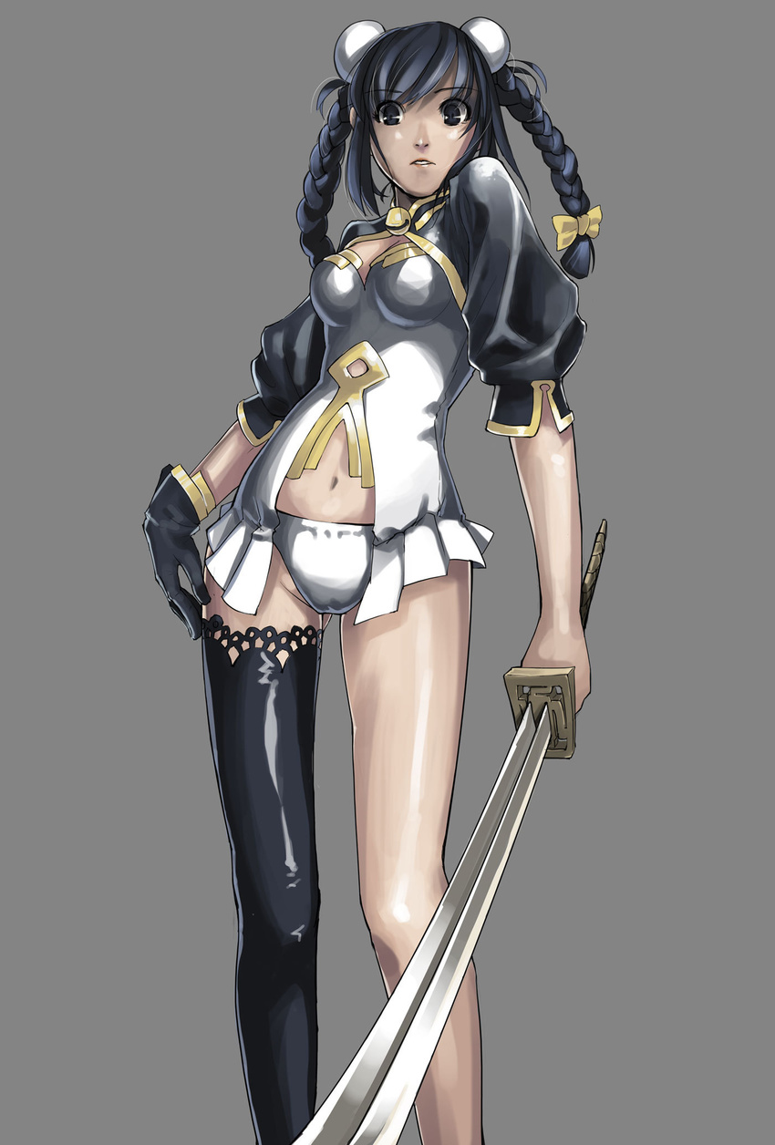 bad_id bad_pixiv_id black_eyes black_hair blueman braid character_request copyright_request gloves highres panties single_glove single_thighhigh solo sword thighhighs twin_braids underwear weapon