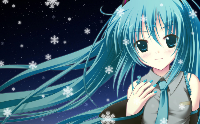 aqua_hair blue_eyes blush hatsune_miku snow tie vocaloid