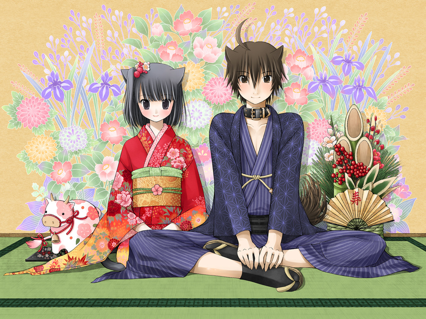 1girl ahoge animal_ears asa_no_ha_(pattern) bamboo bell bell_collar berries black_eyes black_hair blush bow brother_and_sister brown_eyes brown_hair camellia cat_ears cat_tail chinese_zodiac chrysanthemum collar cow cow_bell dog_ears dog_tail fan floral_print flower folding_fan hair_bobbles hair_flower hair_ornament haori horns indian_style iris_(flower) japanese_clothes kadomatsu kanzaki_hayato kanzaki_miku kimono kuroinu mural new_year obi original sandals sash seiza siblings side_ponytail sitting smile tabi tail tail_bow tatami year_of_the_ox