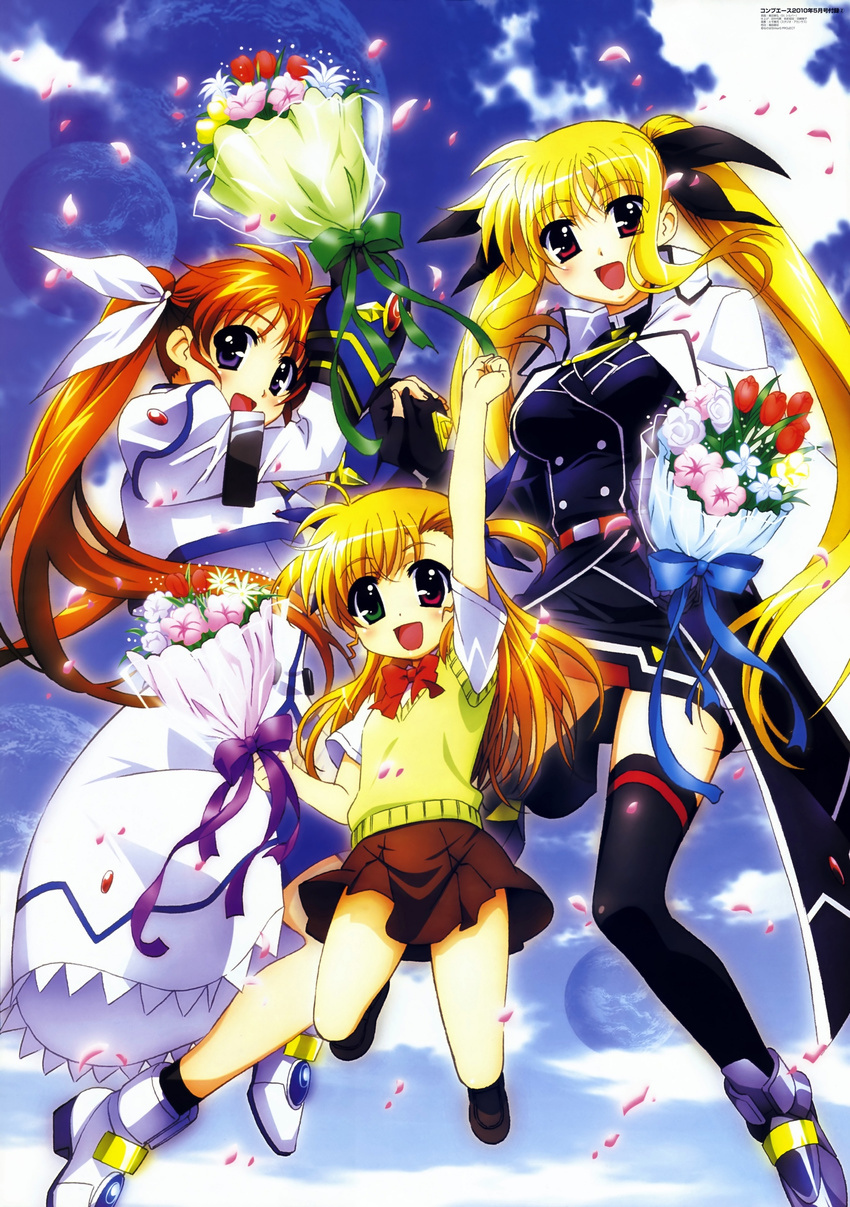 blonde_hair bouquet brown_hair fate_testarossa flower highres lyrical_nanoha magical_girl mahou_shoujo_lyrical_nanoha_strikers multiple_girls okuda_yasuhiro school_uniform takamachi_nanoha thighhighs twintails vivio