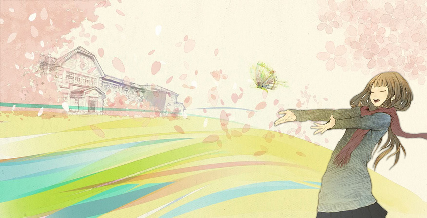 butterfly cherry_blossoms petals redjuice sayoko sayonara_memories scarf spring supercell