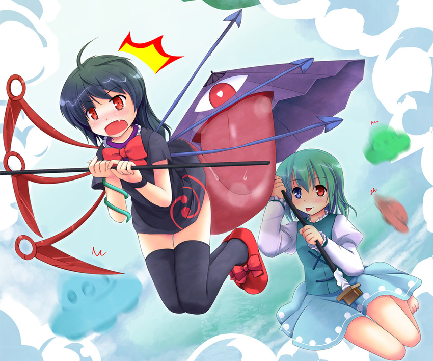 2girls :p asymmetrical_wings barefoot black_hair black_legwear blue_eyes blue_hair blush dress dress_lift fang heart heart-shaped_pupils heterochromia houjuu_nue karakasa_obake licking multiple_girls niiya polearm purple_umbrella red_eyes short_hair snake surprised symbol-shaped_pupils tatara_kogasa thighhighs tongue tongue_out touhou trident ufo umbrella weapon wings zettai_ryouiki