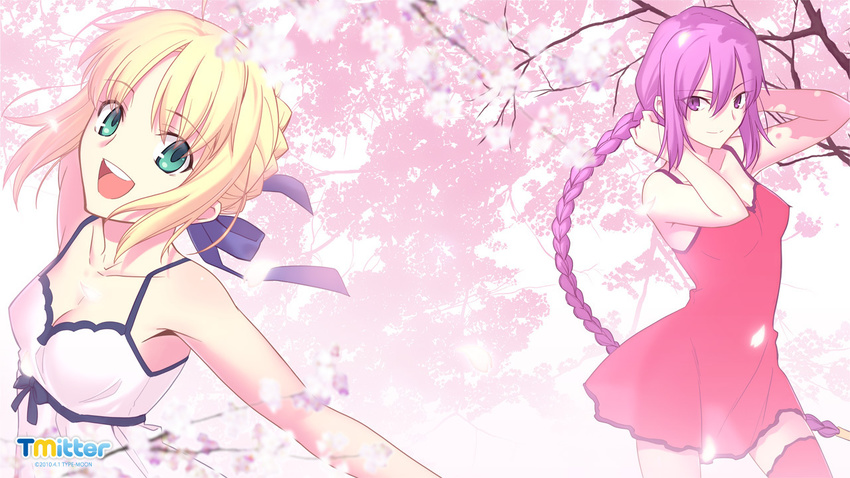 april_fools artoria_pendragon_(all) bad_link bare_shoulders blonde_hair braid breasts casual cleavage dress fate/stay_night fate_(series) hair_ribbon long_hair medium_breasts melty_blood multiple_girls no_hat no_headwear open_mouth outstretched_arms petals purple_eyes red_legwear ribbon saber see-through single_braid sion_eltnam_atlasia smile spread_arms takeuchi_takashi teeth thighhighs tsukihime tsurime twitter type-moon zettai_ryouiki