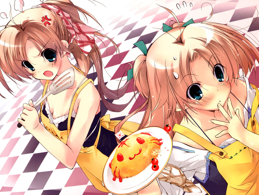 :3 absurdres anger_vein apron blue_eyes brown_hair casual caught checkered checkered_floor cherry_tomato copyright_request eating flag food highres kokonoka multiple_girls omurice plate ponytail spatula sweatdrop two_side_up