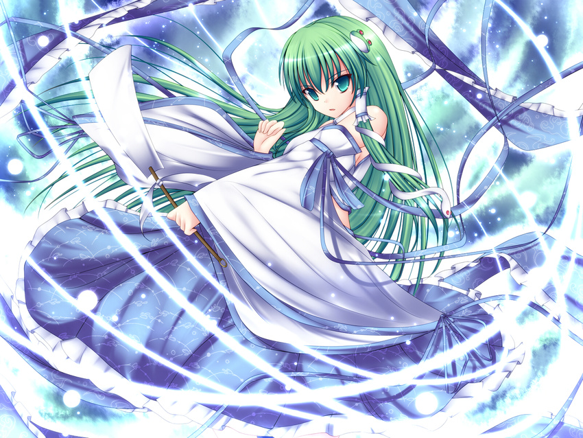 aqua_eyes bad_id bad_pixiv_id fighting_stance glaring gohei green_eyes green_hair hair_ornament hair_tubes hairclip highres kochiya_sanae long_hair long_skirt mikan_(5555) ribbon skirt solo touhou wide_sleeves wind