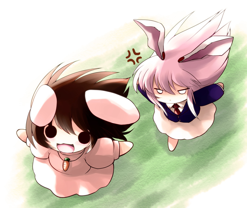 :&lt; :3 :d anger_vein angry animal_ears bunny_ears chasing dress highres inaba_tewi multiple_girls open_mouth reisen_udongein_inaba running smile touhou yume_shokunin