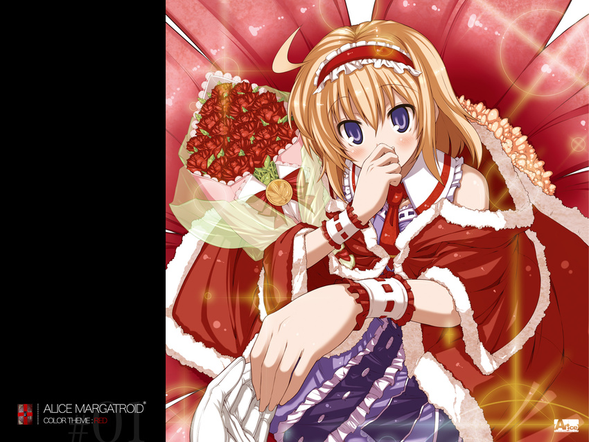 alice_margatroid blonde_hair blue_eyes blush bouquet character_name flower highres rondo_umigame solo touhou wrist_cuffs