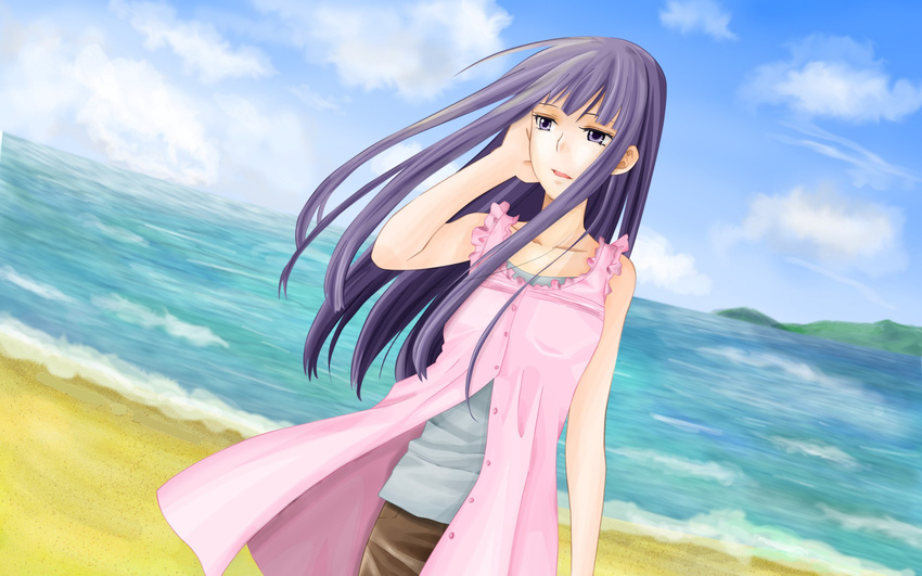 beach long_hair narumi_madoka purple_hair sky spiral violet_eyes water