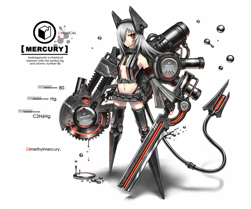 android armor blade chemistry cyborg detached_sleeves dripping dual_wielding fingerless_gloves gia gloves hair_ornament hair_over_one_eye holding mecha_musume mercury navel original personification puddle red_eyes robotic_legs saw short_hair silver_hair solo tail thighhighs typo weapon zipper