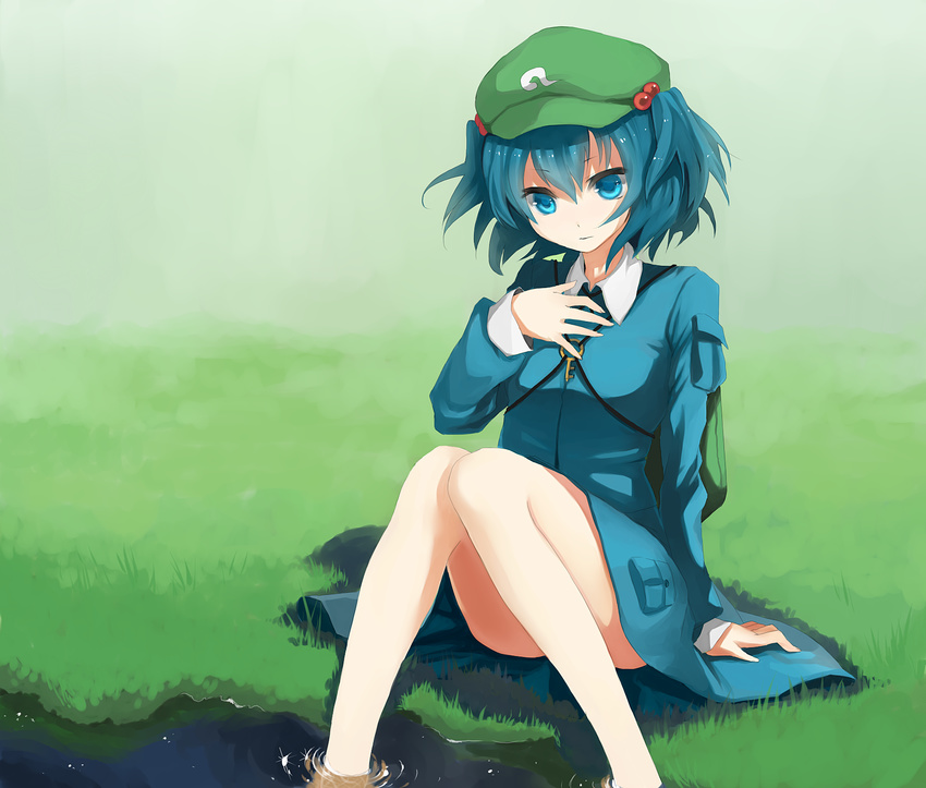 backpack bag blue_eyes blue_hair grass hair_bobbles hair_ornament hand_on_own_chest hat highres kawashiro_nitori key kurasawa_moko looking_down short_hair sitting soaking_feet solo touhou twintails two_side_up water