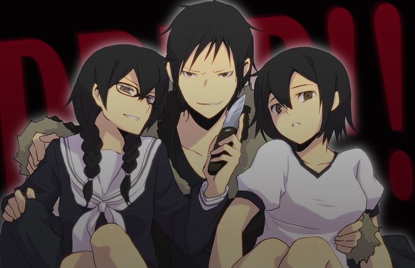 2girls arm_around_neck arm_around_waist bad_id bad_pixiv_id black_hair braid brown_eyes durarara!! glasses gym_uniform hirasaka_ine knife multiple_girls orihara_izaya orihara_kururi orihara_mairu school_uniform serafuku short_hair siblings switchblade twin_braids