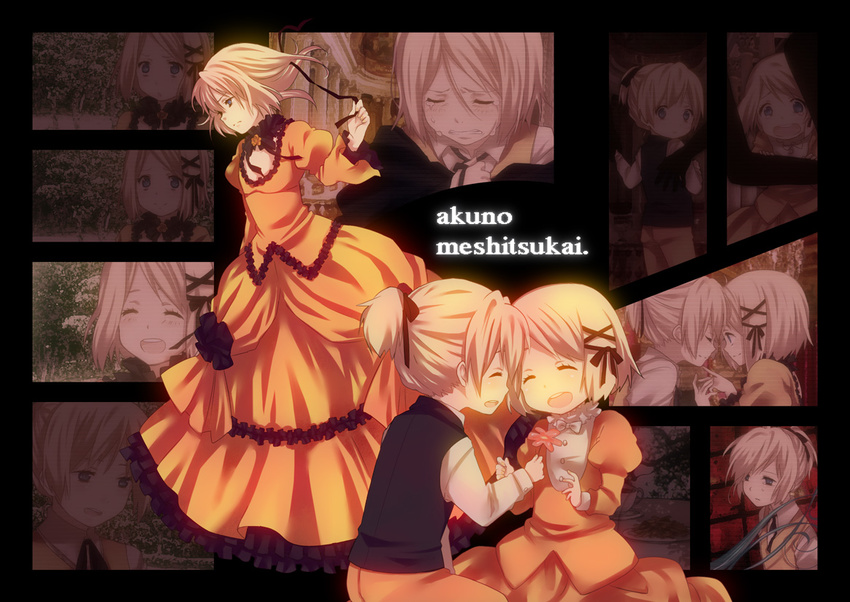 1girl age_comparison aku_no_meshitsukai_(vocaloid) aku_no_musume_(vocaloid) allen_avadonia black_ribbon blonde_hair blue_eyes blush brother_and_sister child choker crossdressing crying crying_with_eyes_open cup dress evillious_nendaiki flower frilled_dress frills hair_ribbon hair_undone holding_hands kagamine_len kagamine_rin orange_dress ousaka_nozomi photo_background ponytail princess ribbon riliane_lucifen_d'autriche servant short_hair siblings smile song_name teacup tears teenage twins untied vocaloid