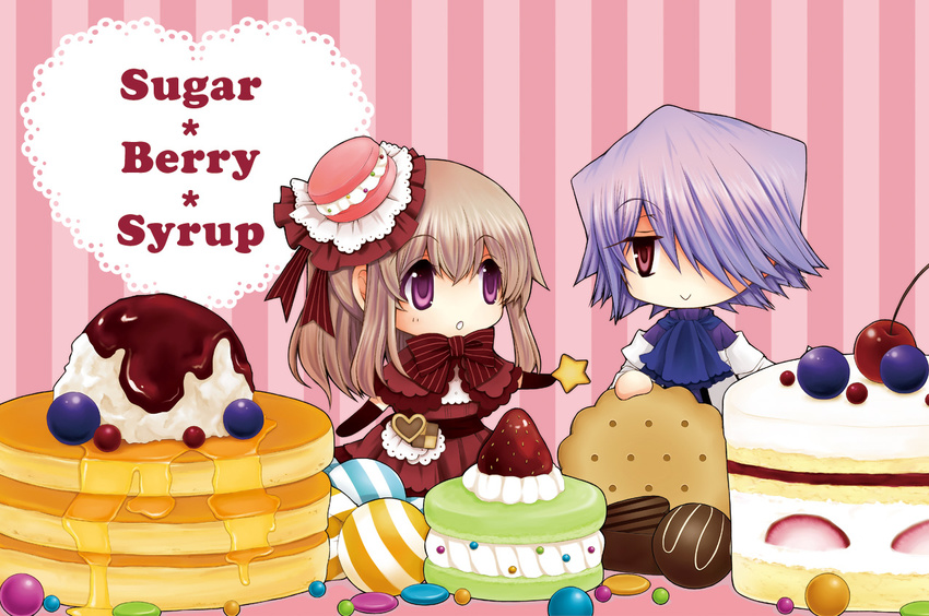 1girl bad_id bad_pixiv_id brown_hair cake candy checkerboard_cookie chocolate cookie couple dress food food_themed_clothes formal hair_over_one_eye hat hetero kuroe_(sugarberry) long_hair macaron oversized_object pancake pandora_hearts pastry ponytail purple_eyes red_eyes ribbon sharon_rainsworth silver_hair syrup xerxes_break