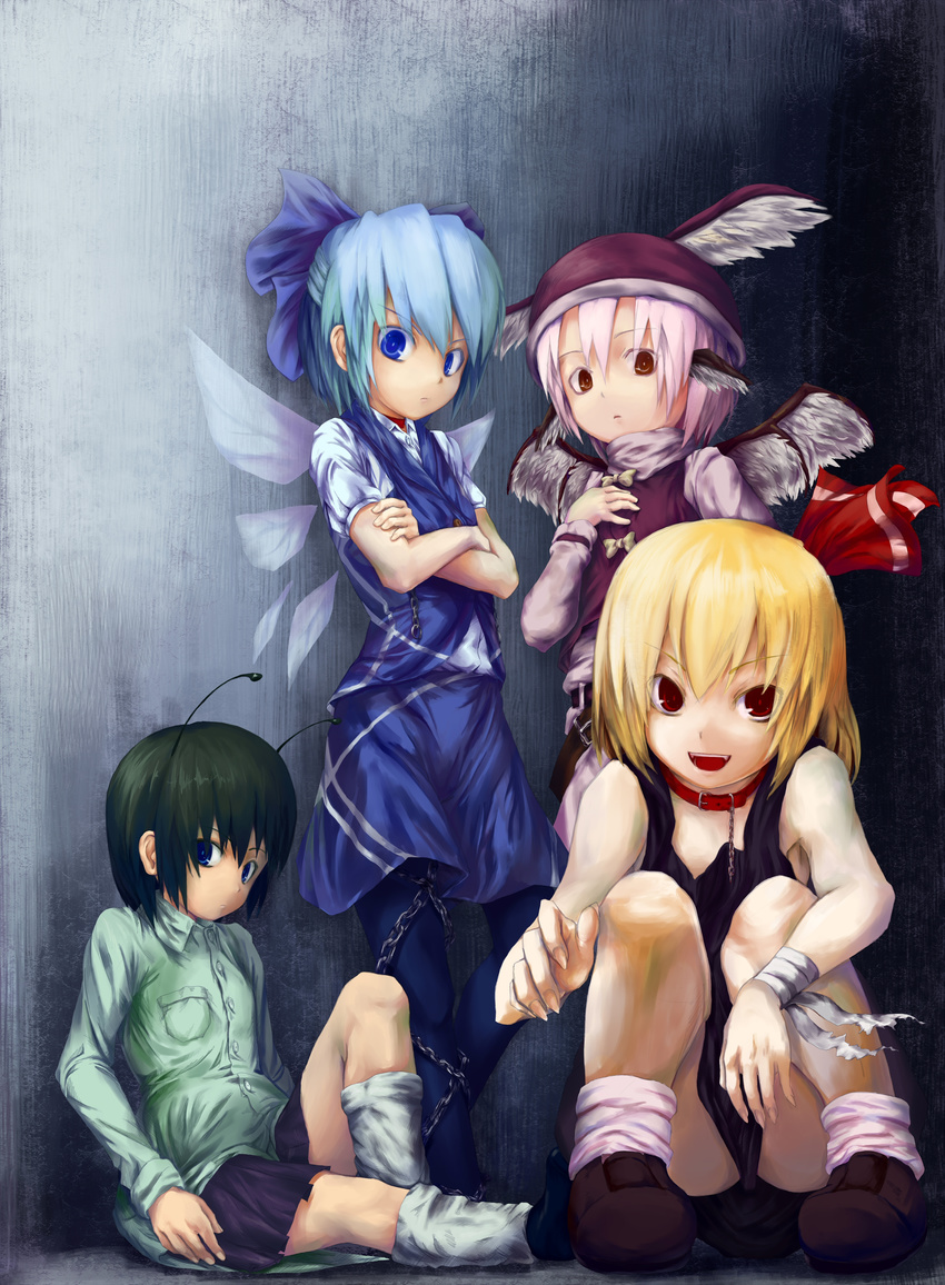 absurdres against_wall alternate_costume antennae aratama bare_shoulders blonde_hair blue_eyes chain cirno collar contemporary crossed_arms dress dress_lift fangs fingernails green_hair hand_on_own_chest hand_wraps hat highres long_fingernails loose_socks multiple_girls mystia_lorelei pink_hair red_eyes rumia short_hair sitting skirt socks source_request squatting tank_top team_9 touhou wings wriggle_nightbug