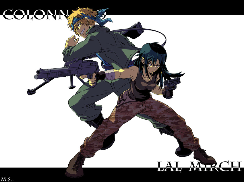 1girl bandages black_hair blonde_hair blue_eyes boots camouflage camouflage_pants colonello fingerless_gloves gloves grin gun handgun headband katekyo_hitman_reborn! lal_mirch long_hair mina_shon pants red_eyes rifle shadow short_hair smile tank_top weapon