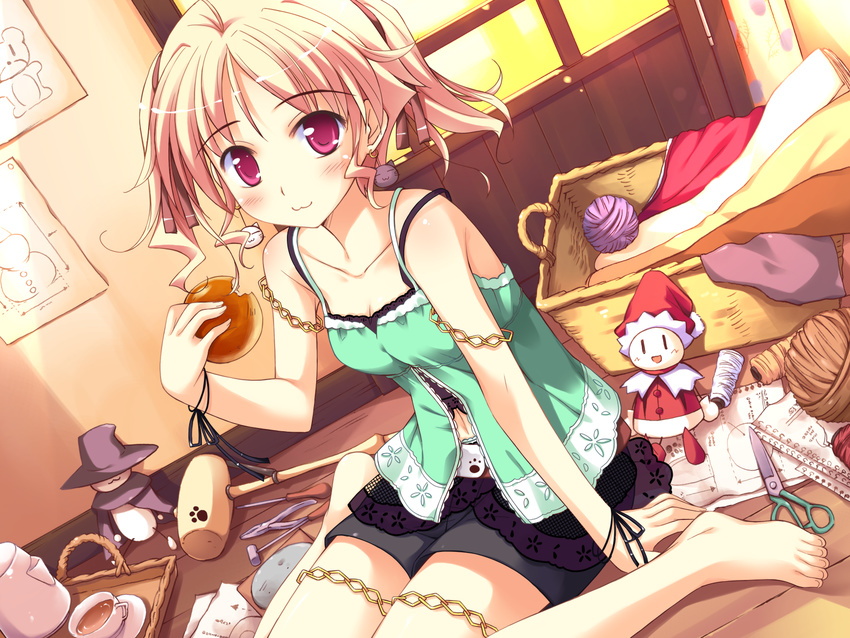 :3 agnes_boulange barefoot blonde_hair blush food game_cg ko~cha red_eyes short_hair shorts shukufuku_no_campanella skirt